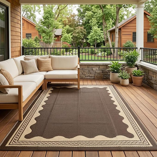 Garvee Outdoor Rug 6x9 Scalloped Waterproof Patio RV Outdoor Rugs Reversible Foldable Plastic Straw Rug Modern Camping Carpet for Deck Camper Porch Balcony Backyard Picnic Beach Brown