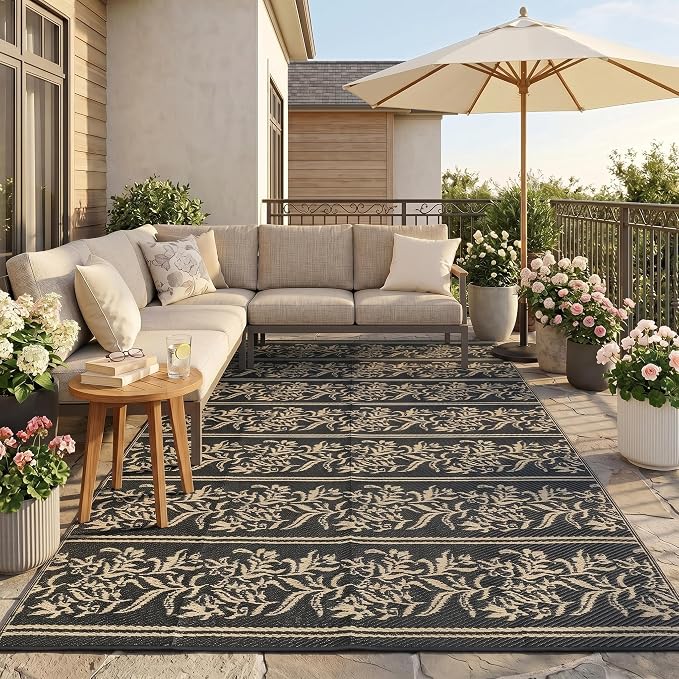 Garvee Outdoor Rugs 9x12 Waterproof Reversible Mat Boho Leaf Patio Rug with 4 Stakes and Starage Bag, Large Outdoor RV Mat Rugs for Camping, Picnic, Balcony, Deck, Backyard, Black & Brown