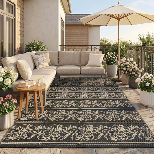 Garvee Outdoor Rugs 9x12 Waterproof Reversible Mat Boho Leaf Patio Rug with 4 Stakes and Starage Bag, Large Outdoor RV Mat Rugs for Camping, Picnic, Balcony, Deck, Backyard, Black & Brown