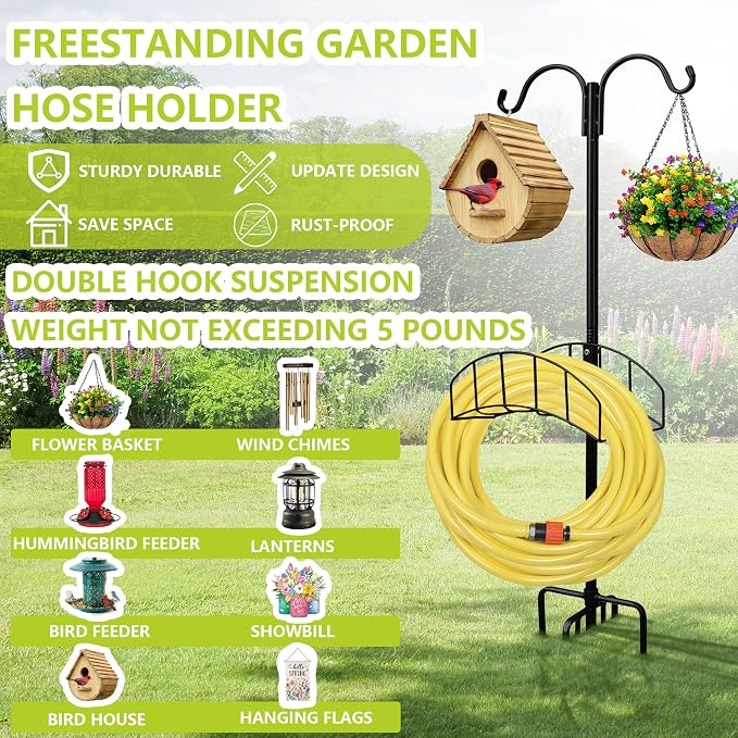 2-Pack Garden Hose Holder Stand with 7 Prong Base and Dual Shepherd Hooks | Freestanding Holds 150FT Hose Heavy Duty Water Hose Stand Sturdy Detachable Hose Stand Black