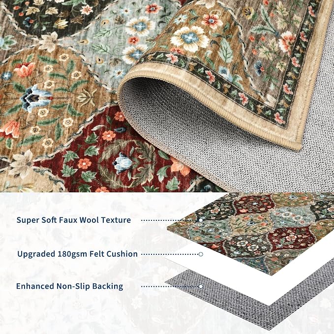 ROYHOME Small Rug Trellis Floral Washable Area Rug Doormat 2' x 3' | Stain Resistant Non-Slip Entryway Rug Distressed Floral Floor Carpet for Front Entrance Kitchen Bathroom, Red/Brown