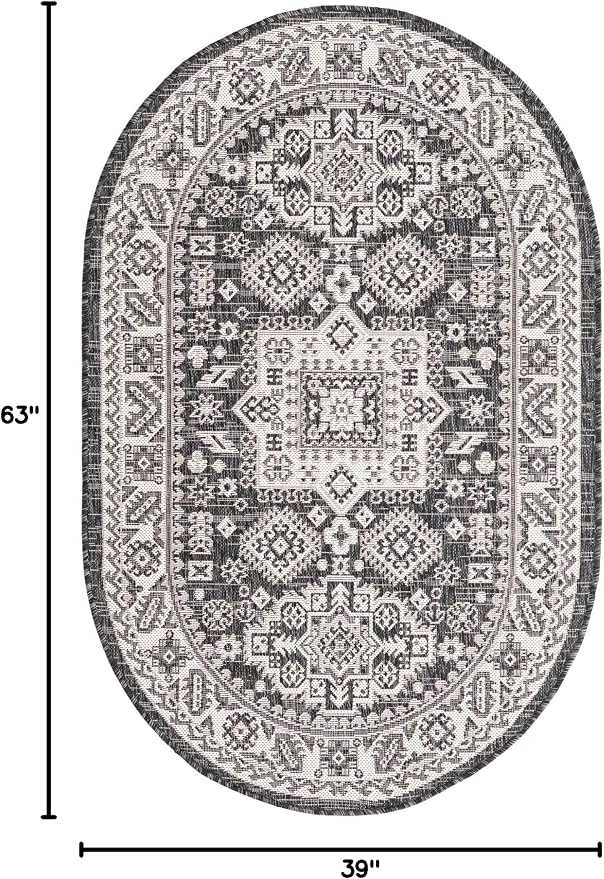 Unique Loom Outdoor Aztec Collection Area Rug - Chalca (3' 3" x 5' 3" Oval, Charcoal Gray/ Ivory)