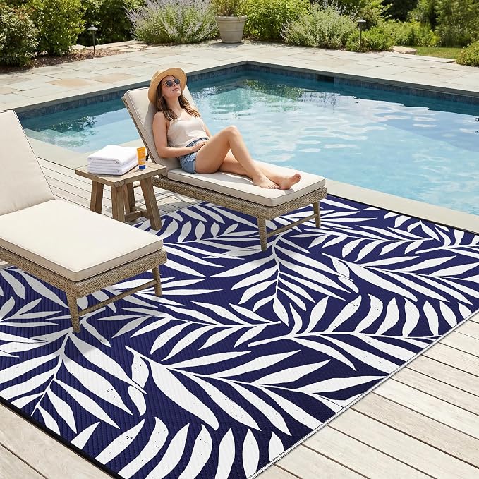Smiry Outdoor Rug 9x12 ft, Waterproof Reversible Plastic Straw Rugs, Outdoor Area Rug with Leaf Pattern, Outside Floor Mat for Patio, Backyard, Deck, Picnic, Beach, Camping, Navy & White