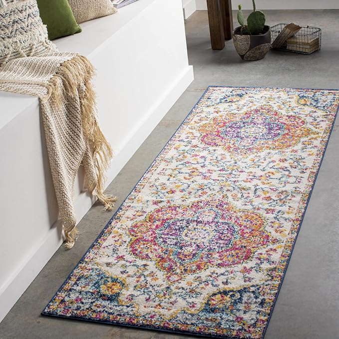 Livabliss Area Rugs - 3x10 Romaine Vintage Boho Fuchsia Mustard Blue Runner Area Rug for Living Room Bedroom - Floral Medallion Stain Resistant Carpet for Kitchen, Nursery, Office (2'7" x 10', Runner)
