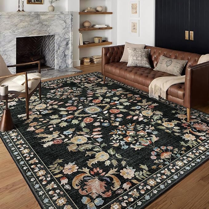 6x9 Area Rugs Washable Floral Rug Non Slip Ultra-Thin Large | Machine Washable Throw Carpet for Living Room Bedroom Dining Room Floor Indoor Low Pile Boho Vintage Black
