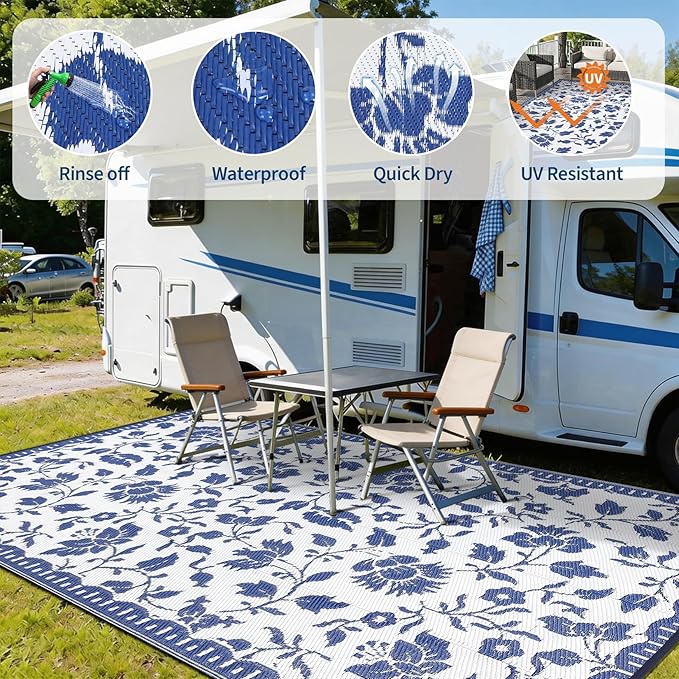 Garvee 5x8 Outdoor Rug Waterproof, Vintage Floral Plastic Straw Rugs, Camping Rugs for Outside Your RV, Foldable Lightweight Reversible Carpet with Portable Bag for Patio, Backyard, Beach, Navy＆White