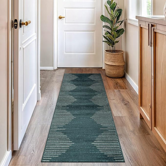 Rugshop Bohemian Stripe Stain Resistant High Traffic Area Rug Teal 2' x 7' | Rectangular, Size 2' x 7', Living Room, Bedroom, Dining Room, Home Office, Kitchen, Entryway, Hallway, Nursery, Kids Room