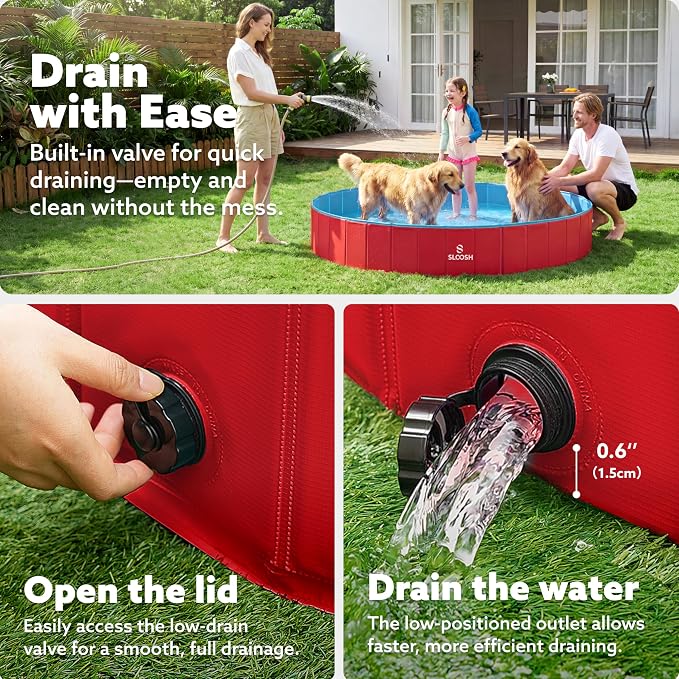 Sloosh Foldable Dog Pool - Portable Hard Plastic Doggie Swimming Pool, Anti-Slip Collapsible Pets Bath Tub Suitable for Indoor Outdoor Backyard Use (Red, 71" x 12")