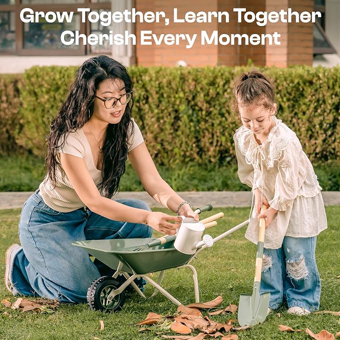 ROBUD Kids Wheelbarrow with Gardening Tools Set, Educational Kids Gardening Set with Kid Wheelbarrow, Toddler Gardening Set, Watering Can, Plant Labels, for Ages 3+ Boys Girls(Green)