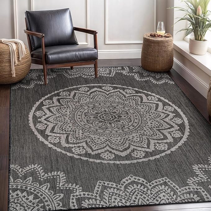 CAMILSON Outdoor Rug 6x9 Modern Area Rugs for Indoor and Outdoor Patios and Porches - Waterproof Washable Non-Shedding Easy-to-Clean Outside Carpet (6 x 9, Medallion - Dark Grey/Light Grey)