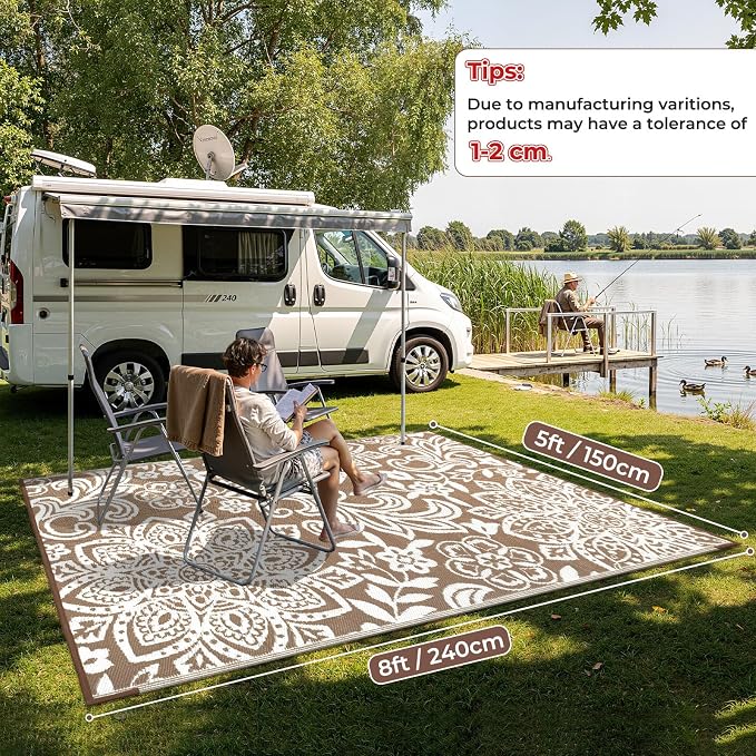 Findosom Waterproof Outdoor Rug 5' x 8' - Reversible Mandala Outdoor Plastic Straw Rug, Durable Foldable Patio Rug for RV, Deck, Balcony, Backyard, Picnic, Porch, Camping, Beach, Brown