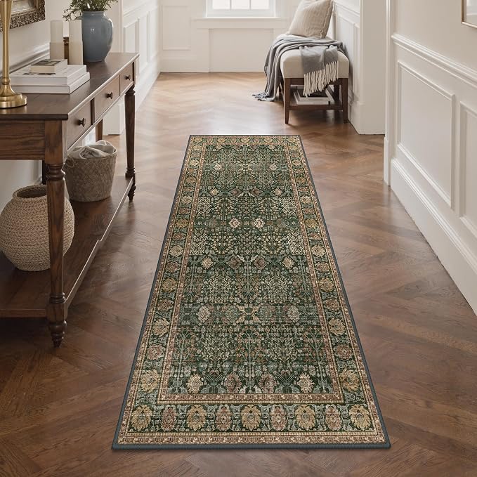 2x7 Kitchen Runner Rug, Washable Non Slip, Dark Green Brown | Vintage Floral Design, Spill Resistant Lightweight Low Pile Carpet for Hallway, Bedroom, Laundry Room, Bathroom
