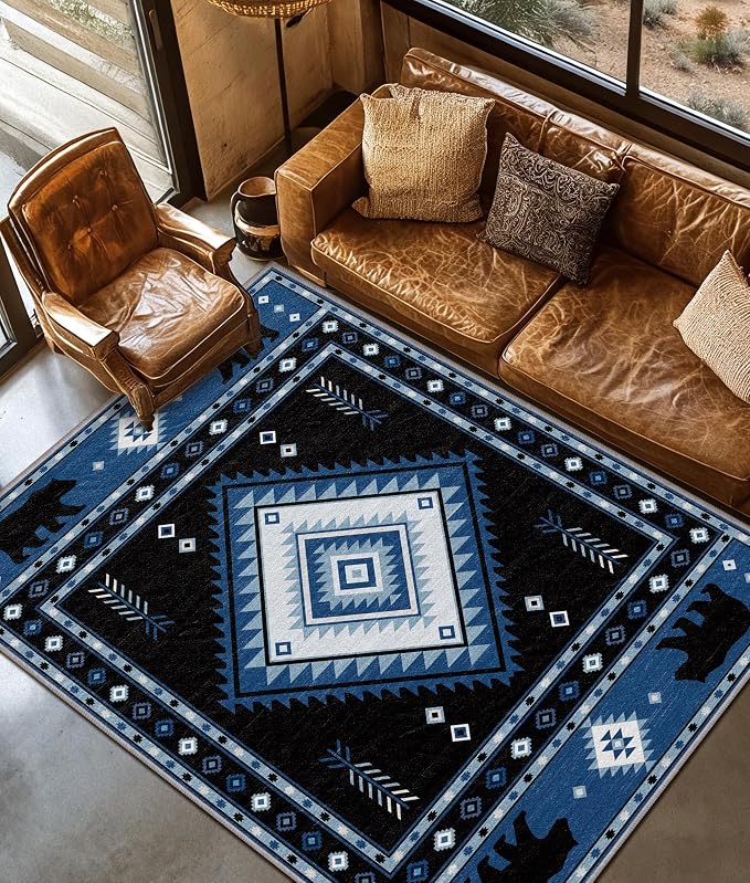 Aztec Rug 6x8 - Southwestern Bear Cabin Area Rugs for Living Room Bedroom, Rustic Farmhouse Machine Washable | Non-Slip | Soft Large Carpets, Native American Home Decor (Blue White Black)