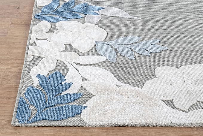 Outdoor Rug 6x9 Washable Area Rugs Indoor Outdoor Carpets Blue Border Floral Non Shedding Waterproof Easy Clean Patio Deck Porch Living Room Bedroom Garden RV (6 X 9 Blue)