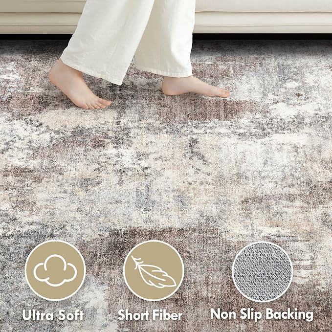 Tortania Washable 12x18 Area Rug for Living Room: Modern Abstract Neutral Large Soft Thin Rugs - Non Slip Indoor Carpet for Bedroom Dining Room Office Nursery Home Floor Decoration - Gray Brown