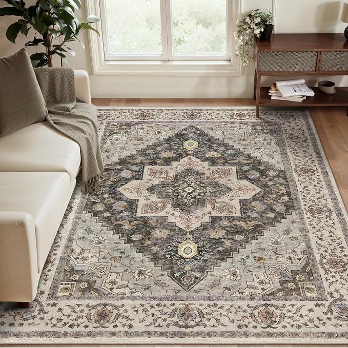 Tangsoo 3x5 Washable Area Rugs, Farmhouse Non Slip Accent Rugs for Entryway | Vintage Print Indoor Carpet, Boho Soft Low Pile Rug for Living Room Dorm Bedroom Bedside Bathroom Entrance Grey Home Decor