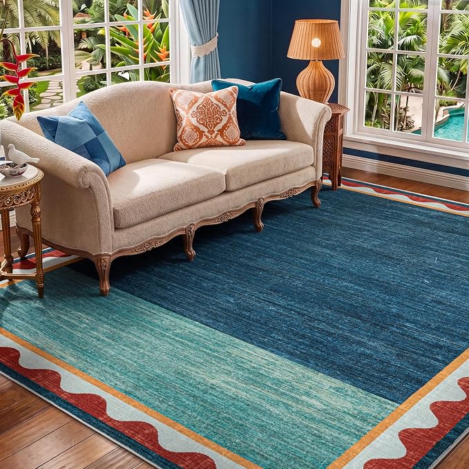 Mid-Century Washed Style Area Rug 5x7 Washable Carpet for Living Room, Non-Slip Low Pile Soft Rug for Bedroom, Kitchen, Entryway, Retro Teal