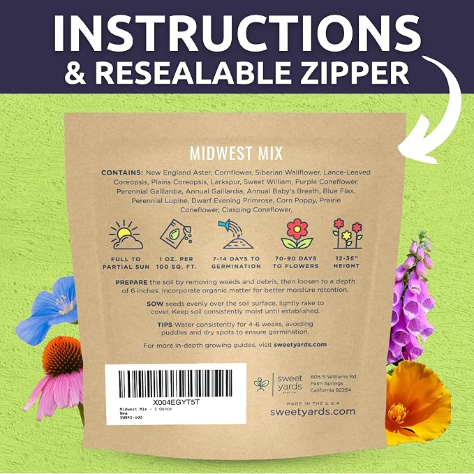 Midwest Regional Mix - Large 1 Ounce Packet - 15,000 Flower Seeds for Planting - Wildflower Mix