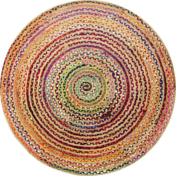 Cotton Craft Jute & Cotton Multi Chindi Braid Rug, Hand Woven Reversible, 4-Feet, Colors may Vary | Handwoven Reversible Jute & Natural Recycled Cotton Boho Farmhouse Rustic Area Accent Throw Rug - Living Room Home Décor