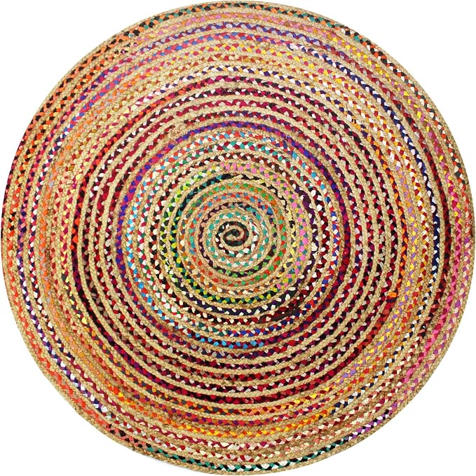 COTTON CRAFT Jute Chindi Braid Rag Rug - 3 Feet Round Multi Color Area Rug | Handwoven Reversible Jute & Natural Recycled Cotton Boho Farmhouse Rustic Area Accent Rug - Living Room Carpet Home Décor
