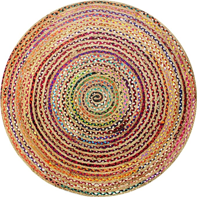 COTTON CRAFT Jute Chindi Braid Rag Rug - 8 Feet Round Multi Color Area Rug | Handwoven Reversible Jute & Natural Recycled Cotton Boho Farmhouse Rustic Area Accent Rug - Living Room Carpet Home Décor