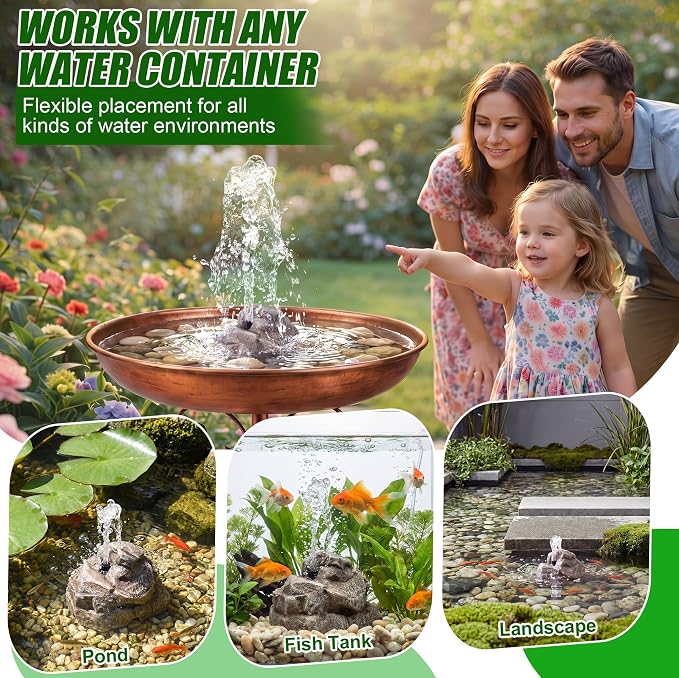 Saillong All Weather Electric Bird Bath Fountain, 8W Water Pump Resin Granite Rock with 2 Nozzles ＆ 3 Adjustable Flow Modes, IPX8 Waterproof Outdoor Fountain Pump for Bird, Birdbath, Fish Tank, Ponds