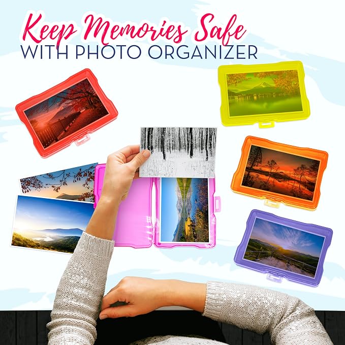 4E's Novelty 16 Pack Clear Multicolor Photo Box for Crafts, Supplies 4x6 Photo Cases & Photobox, Classroom Storage and Organization Box Plastic Transparent for Scrapbooking Container Organizer