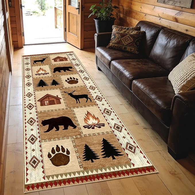 Cabin Bear Deer 2x6 Runner Rug Rustic Lodge Wildlife Hallway Rug Country Farmhouse Western Long Floor Carpet Machine Washable Non-Slip Printed Low-Pile for Kitchen Bedroom Bathroom Laundry
