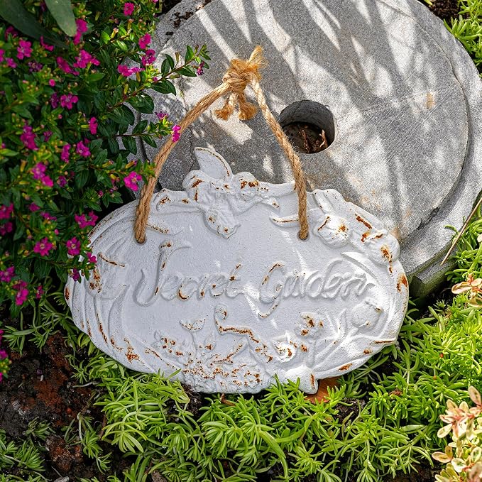 Sungmor Vintage Cast Iron “Secret Garden” Sign - Shabby Chic White Wall Plaque, Outdoor Garden Decorative Sign, French Country Cottage Wall Décor for Fence, Gate, or Patio, Distressed Rustic Finish