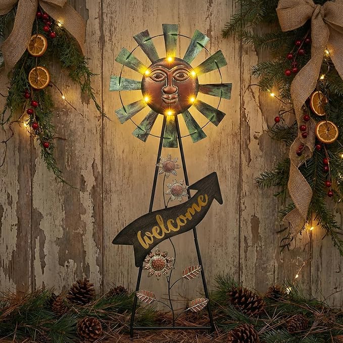 TERESA'S COLLECTIONS Garden Decor with Solar Outdoor Lights, Wind Spinner Yard Art Sign for Outside, 26'' Bronze Metal Sun Face Windmill Decorative Garden Stake for Lawn Ornaments, Gifts for Mom