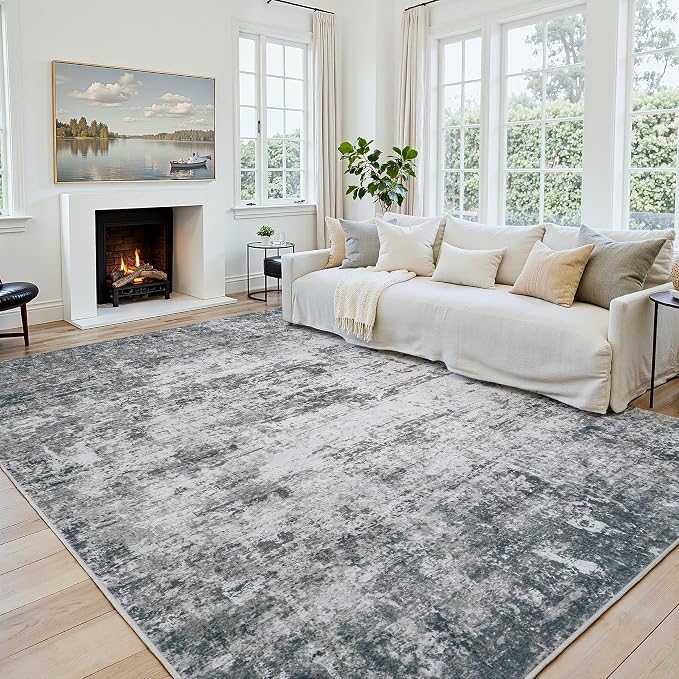 5x7 Area Rugs for Living Room: Washable Soft Gray White Abstract Carpet | Non-Slip TPE & Stain Resistant,0.25" Low-Pile,Kids Pet Friendly Modern Decor for Dining Room Farmhouse Office, Non-Shedding