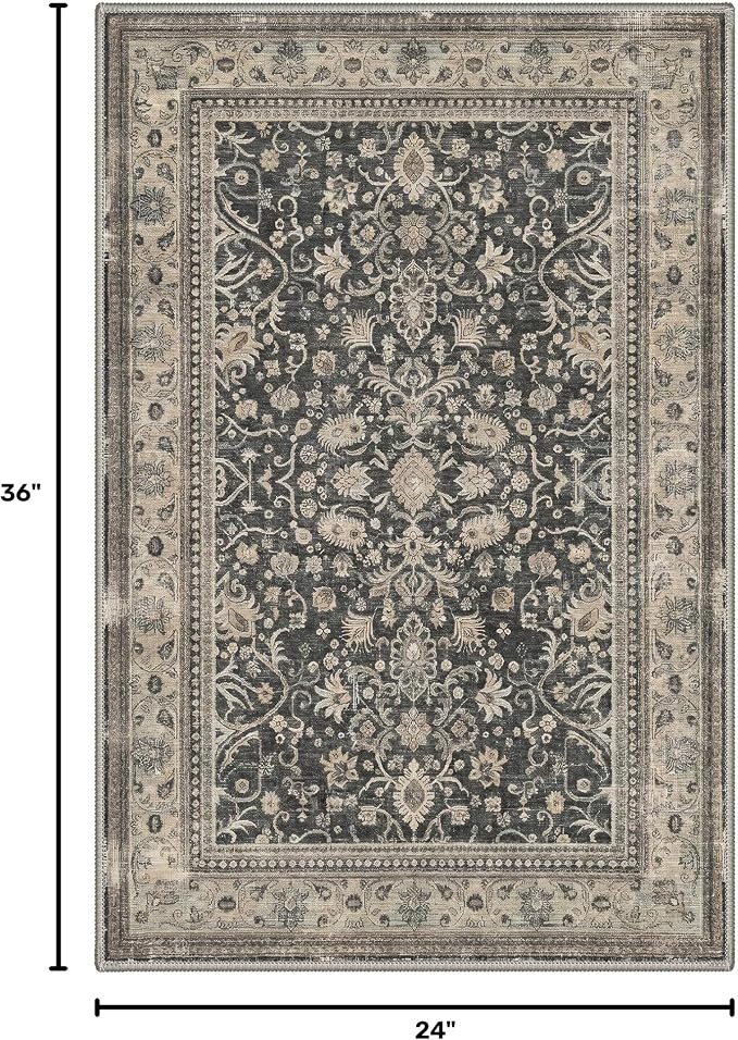 2x3 Doormat, Vintage Floral Washable Non Slip Area Rug for Entrance | Oriental Floral Soft Low Pile Boho Rug for Entryway Bedside Kitchen, Stain Resistant Lightweight Easy Care, Dusty Charcoal