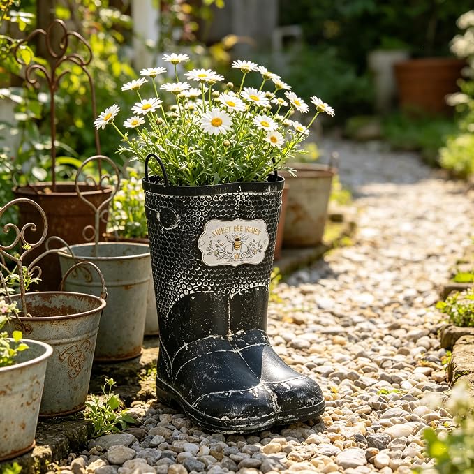 Vintage Metal Planters with Handle Distressed Decor Rustic Farmhouse Flower Pot with Sweet Bee Honey Emblem, Indoor/Outdoor Decorative Plants Buckets for Wedding Home Garden Patio Decor