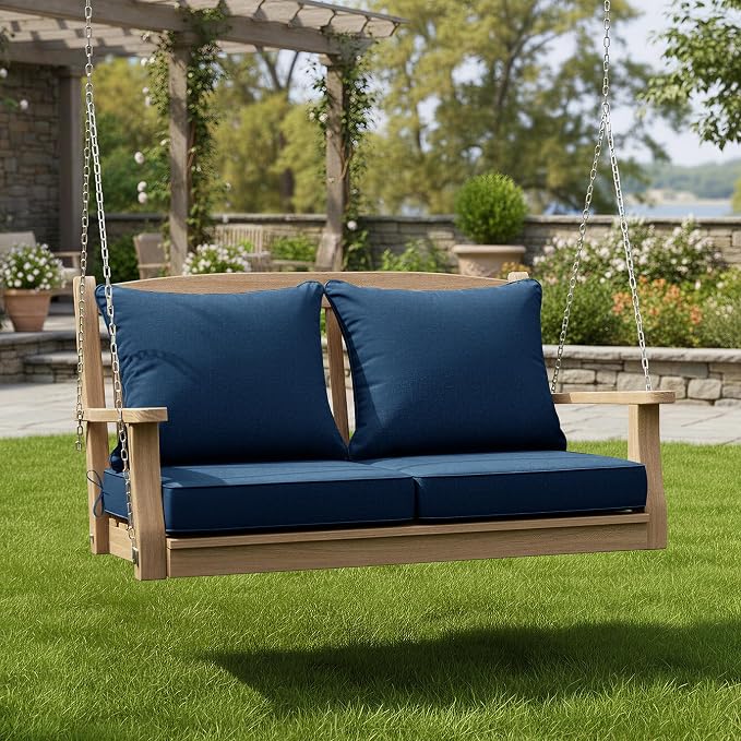 Summsun Outdoor Chair Cushions, Faux Linen Backrest and Deep Seat Cushion Set for Patio Furniture with Weather Resistant Removable Cover, Ties, Non-Slip Bottom, 24 x 24 Inch, Navy, Set of 2