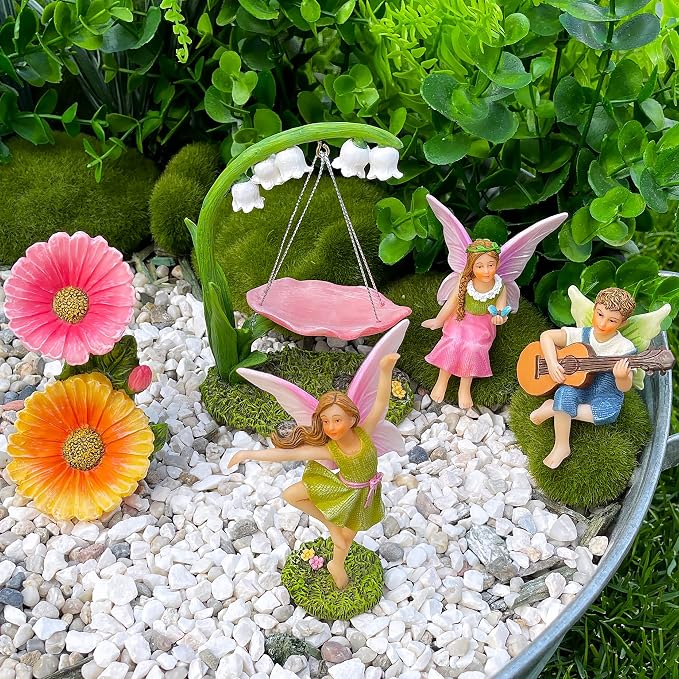 Mood Lab Fairy Garden Figurines - Dancing Swing Set (5 pcs) - Miniature Decorative Statues & Accessories - Outdoor & Indoor Garden Decor