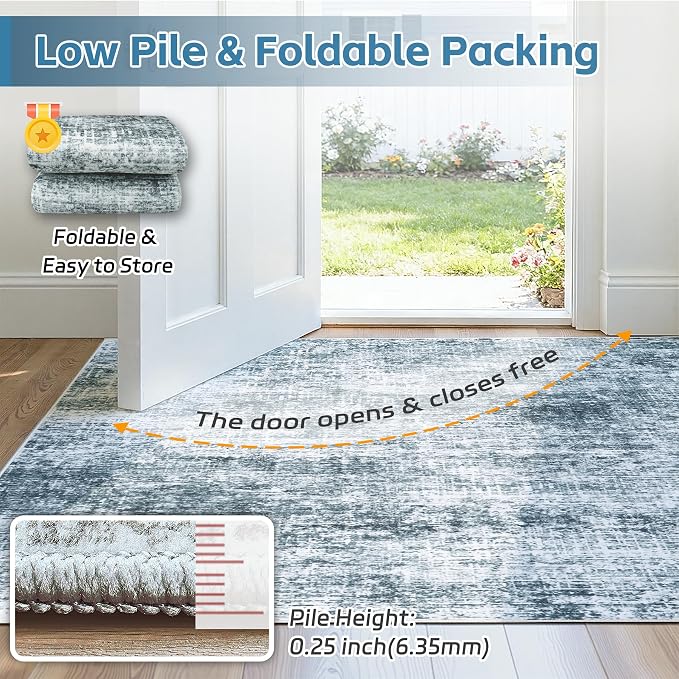 10x12 Area Rug for Living Room Bedroom: Non-Slip Modern Light Slate Blue | Machine Washable TPR Backing, Stain-Resistant Low Pile, Pet & Kid Friendly, Abstract Decor for Dining Room, Dorm, Home Office