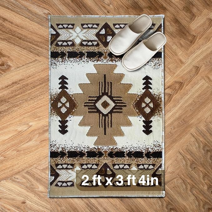 YHSF Southwest Native American Area Rug – Thick, Soft, Durable & Easy to Maintenance Tribal Design Boho Rug– Ideal for Bedroom, Living Room & Hallway - Ivory, 2 Feet x 3 Feet 4 Inches