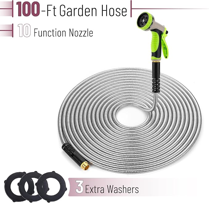 UNCO- Metal Garden Hose with 10 Functions Spray Nozzle, 100 Feet, No Kink | Stainless Steel, Durable Flexible Water Hose for Garden, Yard, Outdoor Watering and Cleaning, Metal Hose for Outdoor Use