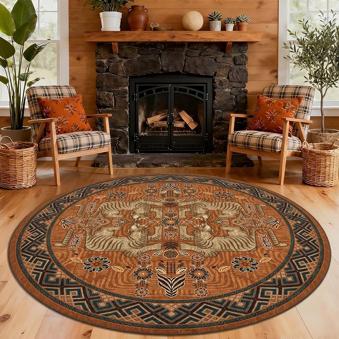 GarveeHome Tiger Round Area Rugs Boho Kids Room Non Slip Washable Vintage | 6ft Orange Animal Print Circle Rugs, Tribal Floor Carpet for Dining Room Entryway Nursery Playroom Office