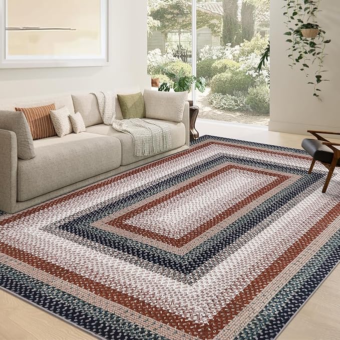 RUGSREAL 9x12 Braided Rug Washable Non Slip Living Room Bedroom Area Rugs | Modern Braid Printed Large Dining Room Rug with Rubber Backing Farmhouse Accent Carpet for Home Decor Office, Olive/Brown