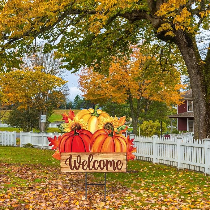 JarThenaAMCS Fall Yard Sign Autumn Pumpkin Metal Garden Stake Seasonal Welcome Lawn Sign for Thanksgiving Harvest Outdoor Patio Walkway Decoration