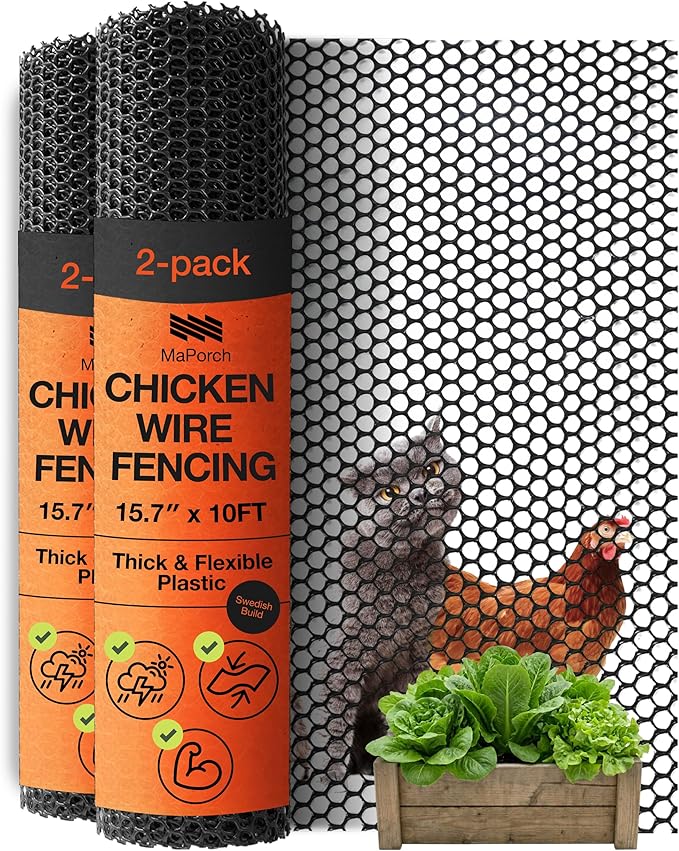 Maporch Plastic Chicken Wire Fencing for Pet Protection - 15.7" x 10ft, Black HDPE Mesh - Garden Fence Animal Barrier for Dogs, Cats and Rabbits (2-Pack) | 15.7" x 10ft - HDPE Home and Garden Netting - UV Resistant - Customizable Balcony Barrier for An...