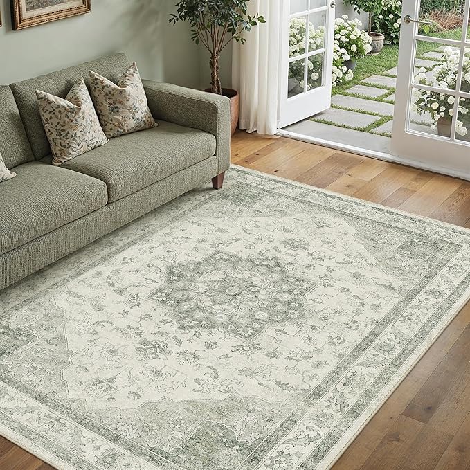Green 3x5 Washable Area Rug Entryway Vintage Oriental Doormat | Soft Low Pile, Non Slip, Stain Resistant, Floral Medallion, Neutral Retro Decor for Kitchen, Bathroom, Bedroom, Office