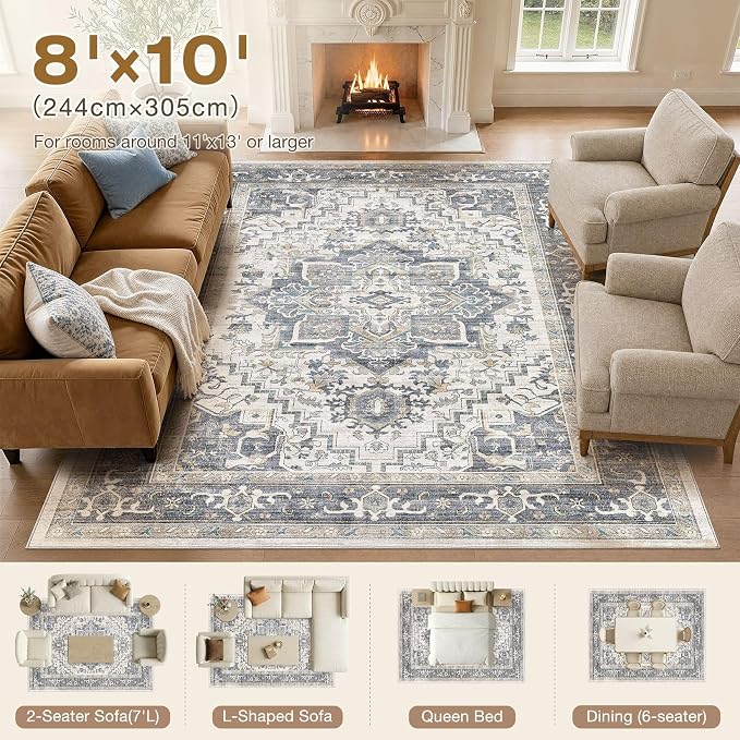 DTICON Vintage Washable 8x10 Area Rug Living Room Rugs, Light Blue | Boho Distressed, Pet & Kid Friendly, Non-Slip Backing, Soft Polyester, Low-pile Carpet for Living Room, Bedroom, Dining Room