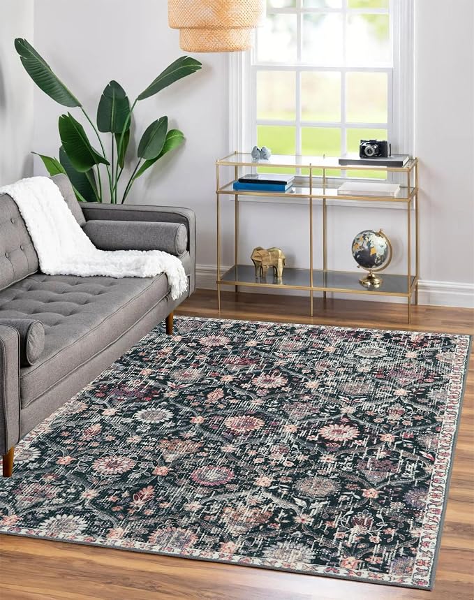 Lahome Moroccan Small Washable Rugs, 3x5 Black Rug for Bedroom Living Room | Trellis Non-Slip Oriental Throw Carpet for Kitchen Office Entryway Bathroom Office Elise Black/Multi