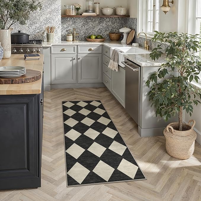 Black 2x6 Washable Runner Rug Kitchen Non Slip Checkered Carpet | Soft, Low Pile, Easy Clean, Diamond Pattern for Hallway, Entryway, Laundry Room, Bathroom, Modern Indoor Decor
