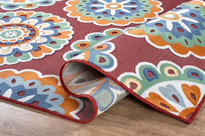 Outdoor Rug 10x14 Washable Area Rugs Indoor Outdoor Carpets Red Bohemian Medallion Non Shedding Waterproof Easy Clean Patio Deck Porch Living Room Bedroom Garden RV (10 X 14 Red)