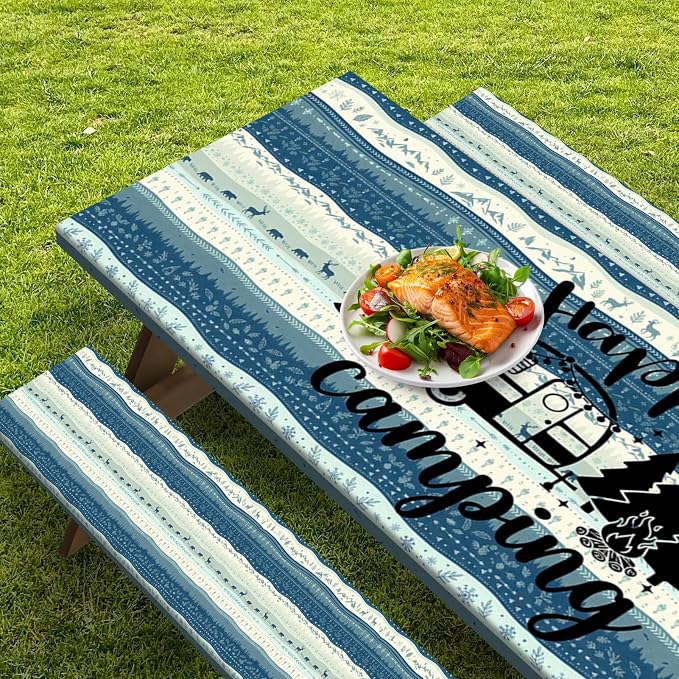Picnic Table Cover with Bench Covers Elastic Edges, Forest Camper Fitted Table Cover, Outdoor Camping Essentials 72 Inch 3PCS, Waterproof Camping Fitted Tablecloth with Drawstring Bag