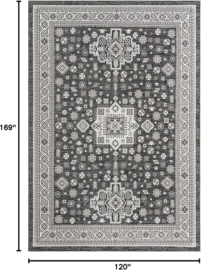 Unique Loom Outdoor Aztec Collection Area Rug - Chalca (10' x 14' 1" Rectangle, Charcoal Gray/ Ivory)