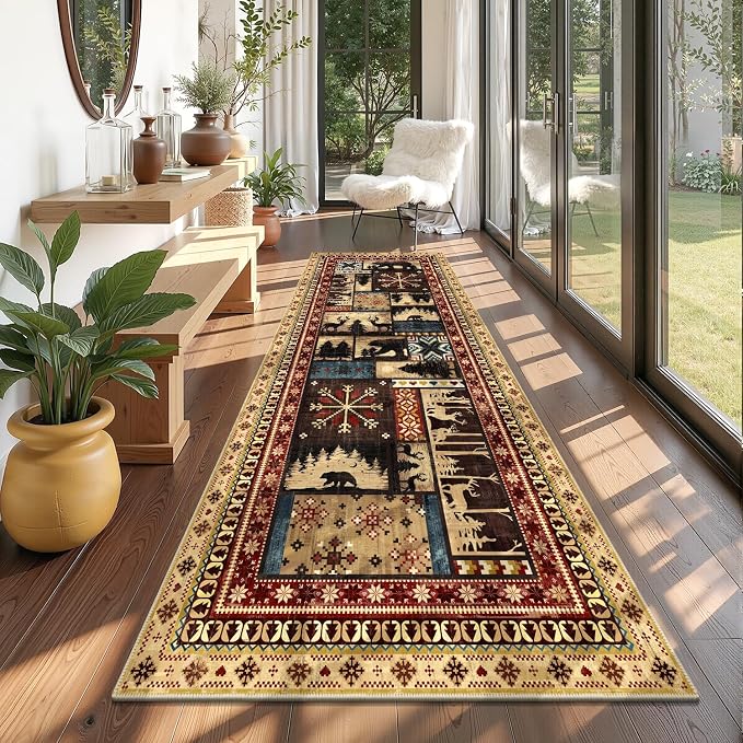 LOKHOM 3x8 Hallway Runner Rug, Non Slip Washable Western Cabin Bear Rugs | Bear Pattern, Low Pile Soft Kitchen Rug, Vintage Wildlife Accent Carpet Runner, For Laundry Bedroom Entryway Nursery
